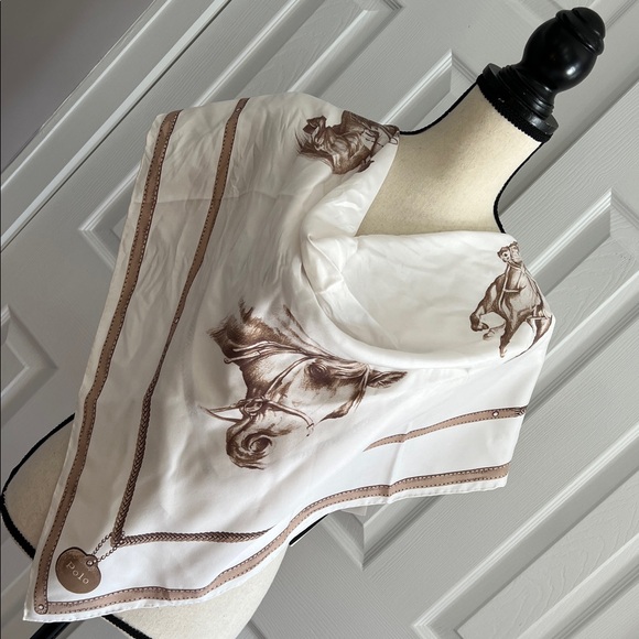Polo Ralph Lauren Equestrian Silk Scarf Polo Horse Print Cream Brown - Picture 7 of 17